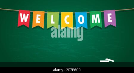 banner di benvenuto con bandiera del partito sullo sfondo della lavagna nera della scuola Illustrazione Vettoriale