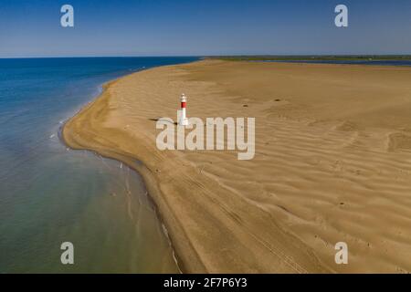 Veduta aerea del Faro di Punta del Fangar (Delta dell'Ebro, provincia di Tarragona, Catalogna, Spagna) ESP: Vista aérea del Faro de la Punta del Fangar Foto Stock