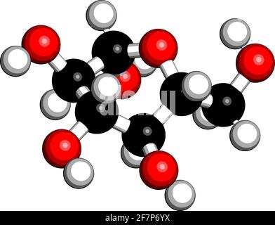 Molecola di glucosio (destrosio, zucchero d'uva) (forma beta-D-glucopiranosio). Rendering 3D. Gli atomi sono rappresentati come sfere con codifica a colori convenzionale: H Illustrazione Vettoriale