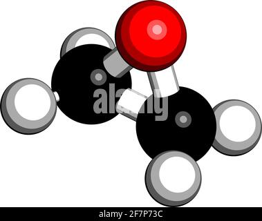 Molecola di ossido di etilene (ossirano). Gli usi includono la sterilizzazione di dispositivi medici e come precursore di polimeri. Rendering 3D. Gli atomi sono rappresentati a. Illustrazione Vettoriale