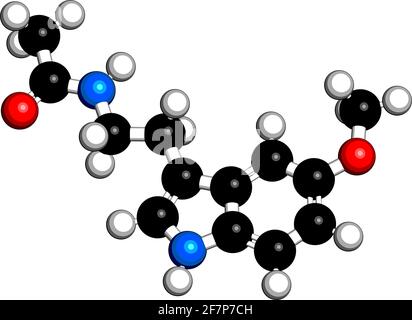 Molecola di ormone melatonina. Negli esseri umani, svolge un ruolo nella sincronizzazione del ritmo circadiano. Rendering 3D. Gli atomi sono rappresentati come sfere con conven Illustrazione Vettoriale