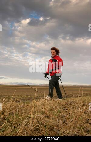 Donna che fa nordic walking sul bordo del campo, Austria Foto Stock