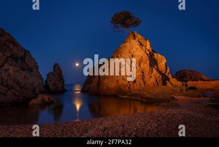 Luna piena sul Mar Mediterraneo vista dalla spiaggia di Mar Menuda a Tossa de Mar, in una notte estiva (Costa Brava, Catalogna, Spagna) Foto Stock