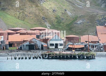 La stazione di caccia alle balene a Stromness, Georgia del Sud. Antartide Foto Stock