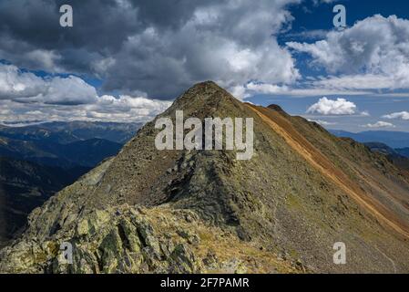 Vista dalla cima del Pic de Baiau (Andorra, Pirenei) ESP: Vistas desde el Pic de Baiau (Andorra, Pirineos) FR: Vues depuis le sommet du Pic de Baiau Foto Stock