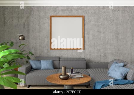 Poster bianco quadrato su una parete di cemento all'interno di un soggiorno contemporaneo Foto Stock