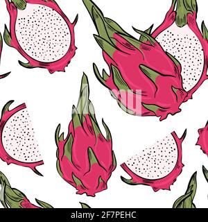 Esempio di frutta drago. Pitahaya esotica colorata e luminosa, pattern ripetitivo continuo. Metà e frutta asiatica intera. Pitaya disegnata, vettore. Modello per Illustrazione Vettoriale