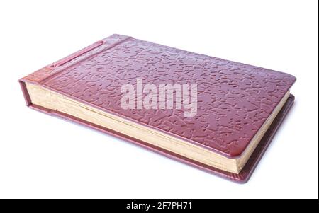 Album fotografico in pelle marrone vintage isolato su sfondo bianco Foto Stock