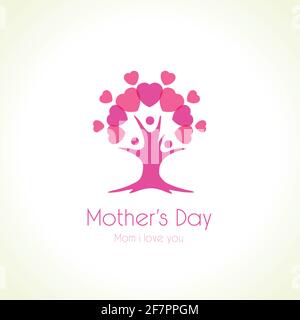 Happy Mothers Day, albero rosa con mamma, bambini e cuori. Vector poster design per la festa della mamma, vendita shopping banner offerta speciale. Migliore mamma di sempre Illustrazione Vettoriale