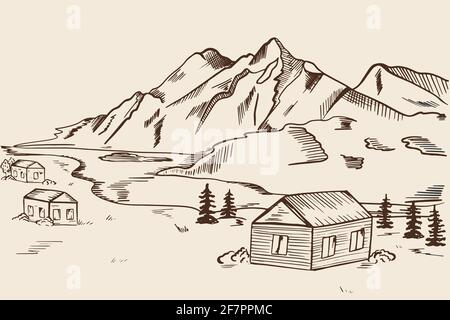 Casa di legno sullo sfondo di una catena montuosa. Paesaggio montano con un fiume e un villaggio. Rifugi di montagna. Disegno a mano libera. Vettore. Illustrazione Vettoriale
