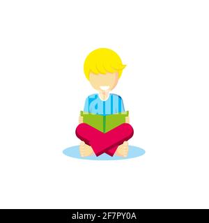 Vettore ragazzo barefoot capelli biondo siede cross-zanged libro mano aperta guarda sorrisi ride gioia bambino infanzia studente tempo libero asilo giocattolo impara il bimbo Foto Stock