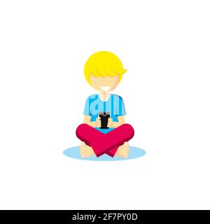 Vettore vettore ragazzo barefoot capelli biondo siede crossleged gioca mobile smartphone telefono sembra sorrisi ridere gioia bambino infanzia studente tempo libero hobby Foto Stock