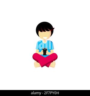 Vettore vettore ragazzo barefoot capelli biondo siede crossleged gioca mobile smartphone telefono sembra sorrisi ridere gioia bambino infanzia studente tempo libero hobby Foto Stock