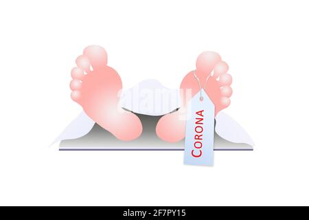 Vettore cadavere morto con nota a piedi, sacrificio, sepoltura deceduto modello layout mortale pericolo pandemico epidemia peste bara corona corvid-19 Foto Stock