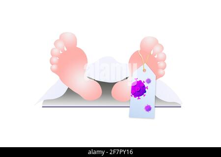 Vettore cadavere morto con nota a piedi, sacrificio, sepoltura deceduto modello layout mortale pericolo pandemico epidemia peste bara corona corvid-19 Foto Stock