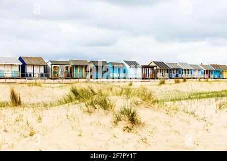 Sandilands Beach huts, Sandilands chalets, Beach huts, chalet, Sandilands, Sutton sul mare, Lincolnshire, Regno Unito, Sandilands chalet, Sandilands spiaggia Foto Stock