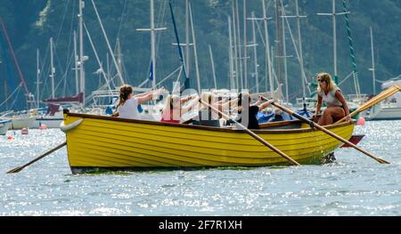 Donne canottaggio in villaggio Crabber barca corsa, Devon, Regno Unito Foto Stock