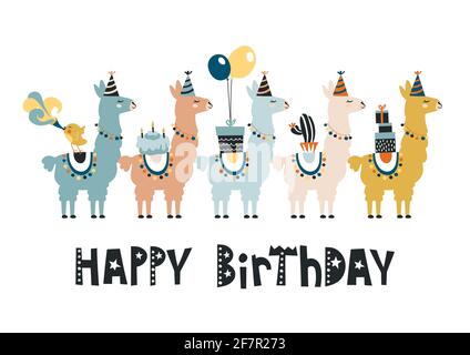 Felice carta di compleanno con carino cartoon lama design. Illustrazione di stock. Illustrazione Vettoriale
