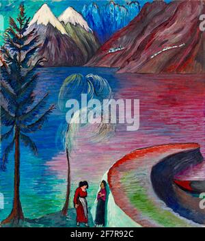 Marianne von Werefkin opera intitolata a Dawn. Due donne conversano dal molo. Paesaggio dai colori vivaci con montagne innevate in lontananza. Foto Stock