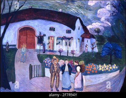 Cottage rustico con vari membri della famiglia e un giardino fiorito Marianne von Werefkin opere d'arte intitolato la famiglia. Scena bucolica. Foto Stock