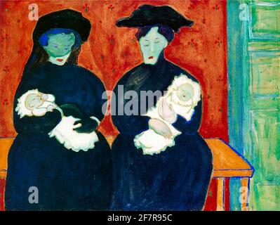 Due donne vestite in nero si siedono fianco a fianco con le bambine in braccio. Opera espressionista di Marianne von Werefkin intitolata The Twins. Foto Stock