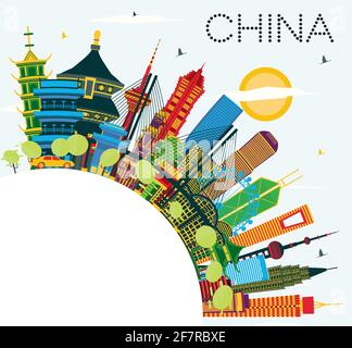 China City Skyline con edifici a colori e Copy Space. Famosi luoghi di interesse in Cina. Illustrazione vettoriale. Concetto di viaggio d'affari e turismo. Illustrazione Vettoriale