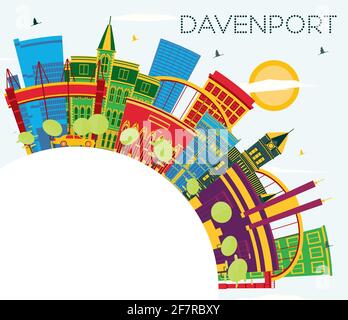 Davenport Iowa Skyline con edifici a colori, Blue Sky e Copy Space. Illustrazione vettoriale. Concetto di viaggio d'affari e turismo. Illustrazione Vettoriale