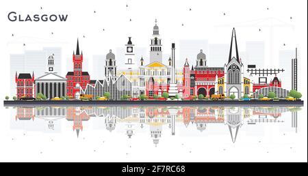 Glasgow Scotland City Skyline con edifici a colori e riflessi isolati su bianco. Illustrazione vettoriale. Concetto di viaggio e turismo. Illustrazione Vettoriale