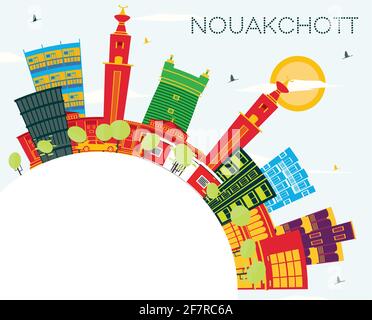 Nouakchott Mauritania City Skyline con edifici a colori, Blue Sky e Copy Space. Illustrazione vettoriale. Concetto di viaggio e turismo. Illustrazione Vettoriale