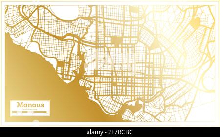 Mappa della città di Manaus Brazil in stile retro in colore dorato. Mappa di contorno. Illustrazione vettoriale. Illustrazione Vettoriale