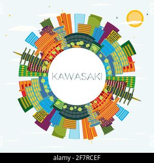 Kawasaki Japan City Skyline con edifici a colori, Blue Sky e Copy Space. Illustrazione vettoriale. Concetto di viaggio e turismo con architettura storica. Illustrazione Vettoriale