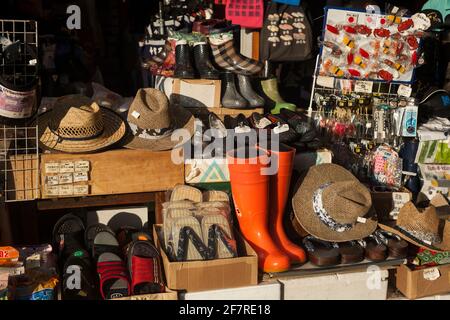 Vista ravvicinata orizzontale di una delle colorate bancarelle del mercato esterno Tsukiji di Tokyo (Jogai-Shijo), Tsukiji, Tokyo, Giappone Foto Stock