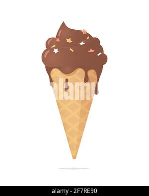 Fusione del gelato al cioccolato in un cono di cialda con decorazione semplice su di esso. L'illustrazione vettoriale è isolata su uno sfondo bianco. Illustrazione Vettoriale
