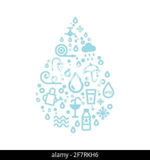 Icone dell'acqua che creano una forma a goccia. Illustrazione vettoriale, design piatto Illustrazione Vettoriale