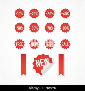 Set di adesivi in vendita rossi. Spigolo piegato. Illustrazione vettoriale, design piatto Illustrazione Vettoriale