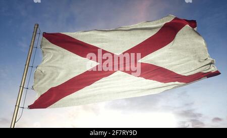 Bandiera di stato degli Stati Uniti dell'Alabama. Bandiera sporca dell'Alabama con tessuto estremamente dettagliato. illustrazione 3d Foto Stock