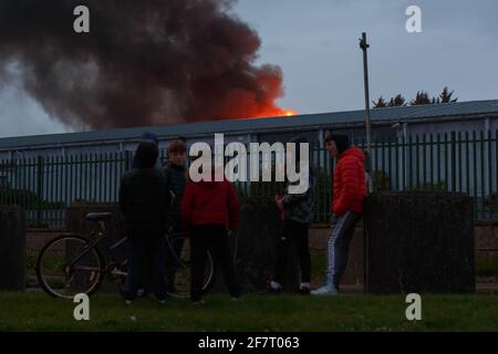 Cork, Irlanda. 9 Apr 2021. Grande incendio al National Recycling Centre, Cork, Irlanda. Poco prima DELLE 20:00 questo pomeriggio è scoppiato un incendio al National Recycling Center nella Churchfield Industrial Estate, Cork City. Quattro unità di Cork City Fire Brigade sono attualmente in scena a trattare con la Blaze. Gardai sono sulla scena che dirige il traffico. Credit: Damian Coleman/Alamy Live News Foto Stock