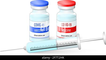 Vaccino contro il virus e siringa monouso per uso medico con ago. COVID-19. Due dosi. Illustrazione vettoriale. Illustrazione Vettoriale
