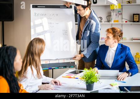 Responsabili di progetto e dipendenti che si occupano di brainstorming sulle idee - Gruppo multietnico dei lavoratori che hanno una riunione di affari in un ufficio di start-up Foto Stock