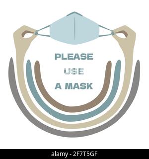 Utilizzare una maschera. Illustrazione di una chiamata per usare una maschera medica durante una pandemia di coronavirus. Concetto con mani e arcobaleno. Illustrazione vettoriale Illustrazione Vettoriale