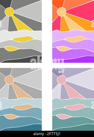 Paesaggio astratto sfondo colorato. Mare. Poster con effetto vetro colorato di illustrazione vettoriale Illustrazione Vettoriale