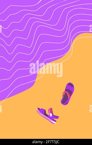 Infradito su una spiaggia di sabbia dell'oceano. Sandali per bambini vicino al mare. Illustrazione del vettore delle vacanze estive. Sfondo astratto di riva e onde Illustrazione Vettoriale