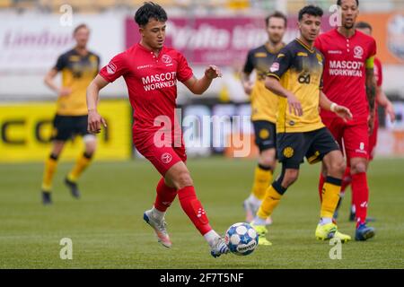 KERKRADE, PAESI BASSI - 9 APRILE: Ruggero Mannes di Almere City FC durante la partita olandese di Keukenkampioendivisie tra Roda JC Kerkrade e Almere Cit Foto Stock