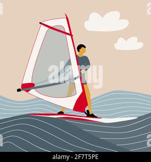 Disegno a mano vettore illustrazione uomo su windsurf, mare astratto e cielo sfondo, sport acquatici, equitazione sulle onde, vacanze estive Illustrazione Vettoriale