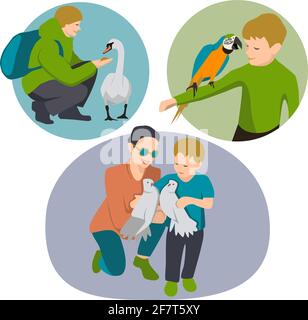 vettore illustrazione insieme di persone felici adulti e bambini con uccelli diversi, uomo padre mangia oca, bambino ragazzo tiene un pappagallo macaw sulla sua mano, wo Illustrazione Vettoriale