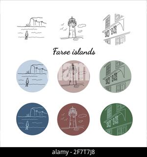 Set di Faroe isole icone lineari faro, mare, pesce secco vrctor illustrazione Illustrazione Vettoriale