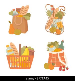 Shopping borsa disegnata a mano flat vettoriale illustrazioni set. Acquisto di generi alimentari, confezione con prodotti. Bottiglia d'acqua, pane, frutta, verdura, mele. Illustrazione Vettoriale