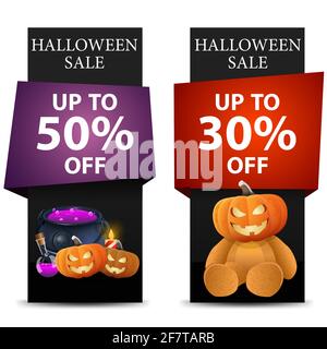 Vendita di Halloween, due striscioni verticali nero con Jack di zucca, pentola di strega e orsacchiotto con testa di zucca Jack Foto Stock