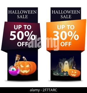 Halloween vendita, due sconto nero banner verticale con zucca Jack, la pozione della strega, portale con fantasmi e zucca Jack Foto Stock