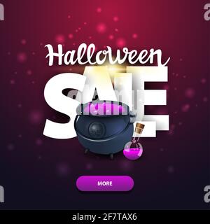 Vendita di Halloween, banner web quadrato con lettere grandi, pentola della strega con pozione Foto Stock